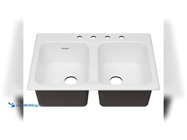Lot 49-5433765 - Quince Drop-in Cast Iron 33 in. 4-Hole Double Bowl Kitchen Sink in Brilliant White. Item is Unused, ...
