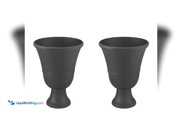 Lot 49-1549245 - Vigoro 16 in. Nottingham Black Composite Urn Planter (16 in. D x 21 in. H) 2-Pack Model # HD1464P-88...
