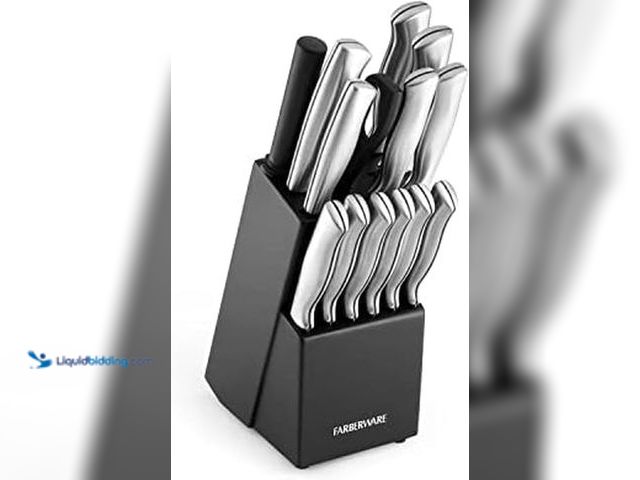 Lot 49-3539134 - FARBERWARE 15-Piece Kitchen Knife Set with High-Carbon Stainless Steel Blades, Black Handles, Steak ...