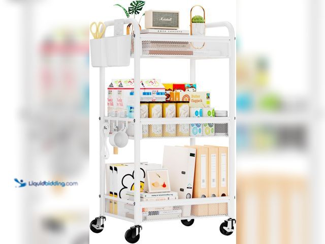 Lot 49-5488331 - YASONIC 3 Tier Rolling Cart – Metal Utility Storage Carts with Wheels, Craft Carts Organizer with Ha...