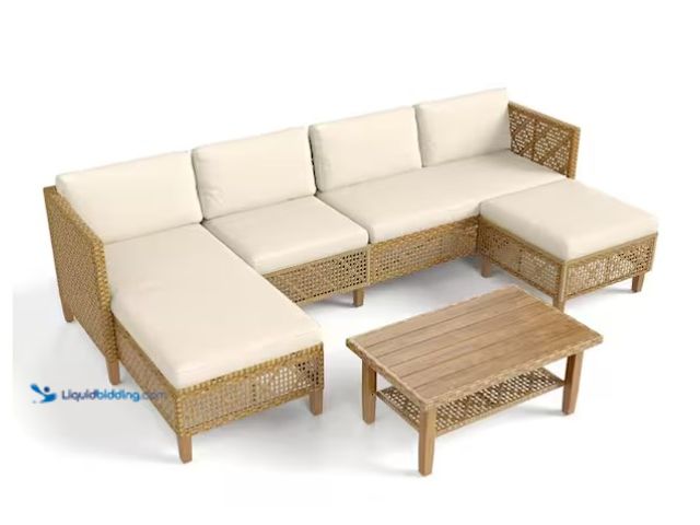 Lot 49-1571196 - Brown 5-Piece Wood Outdoor Wicker Patio Conversation Sectional Seating Set with Beige Cushions, Mode...