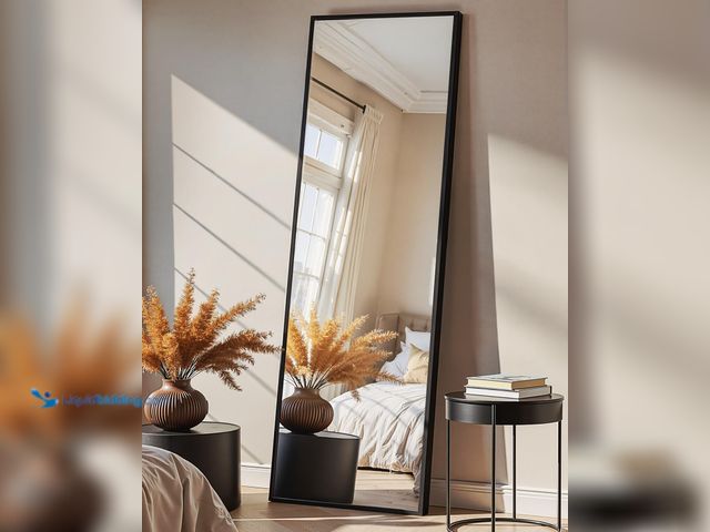Lot 49-5553637 - Full Length Floor Mirror 56"x15", Large Standing Body Mirror, Black | Built-in Stand, HD Shatterproo...