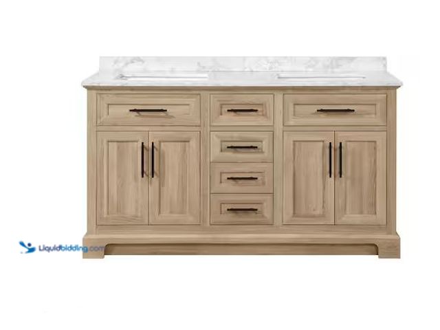 Lot 49-1568659 - Home Decorators Collection Doveton 60 in. Double Sink Freestanding Weathered Tan Bath Vanity with Wh...