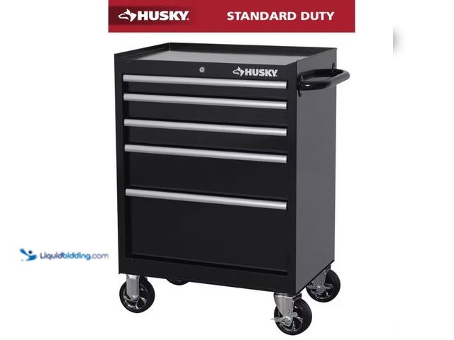Lot 49-5543554 - Husky
Tool Storage 27 in. W x 18 in. D 5-Drawer Gloss Black Rolling Tool Cabinet. Model # H27TR5BLK...