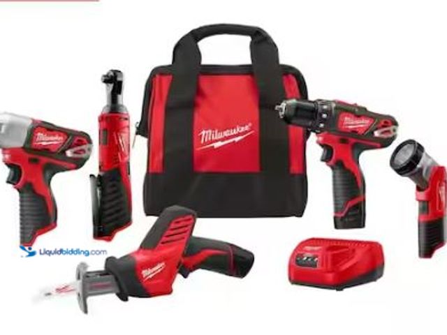 Lot 49-1525011 - Milwaukee M12 12V Lithium-Ion Cordless Combo Kit (5-Tool) with Two 1.5 Ah Batteries, Charger and Too...