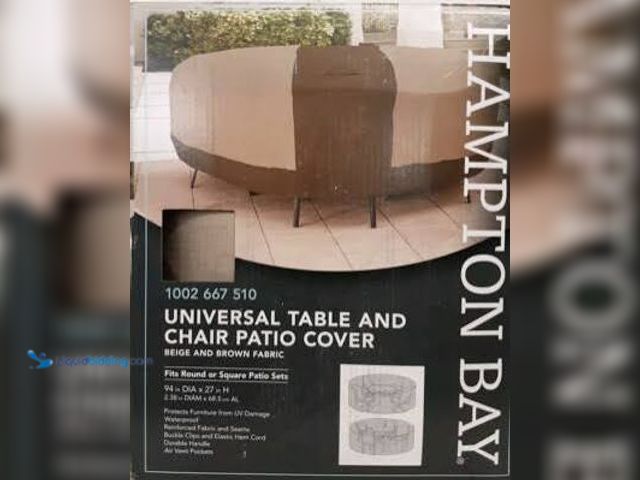 Lot 49-3565216 - HAMPTON BAY UNIVERSAL ROUND TABLE & CHAIR PATIO COVER 1002 667 510 BEIGE & BROWN model: 697108038006...