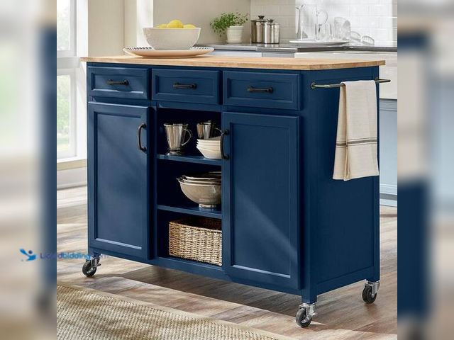 Lot 49-3562754 - Home Decorators Collection
Midnight Blue Rolling Kitchen Cart with Butcher Block Top and Storage (4...