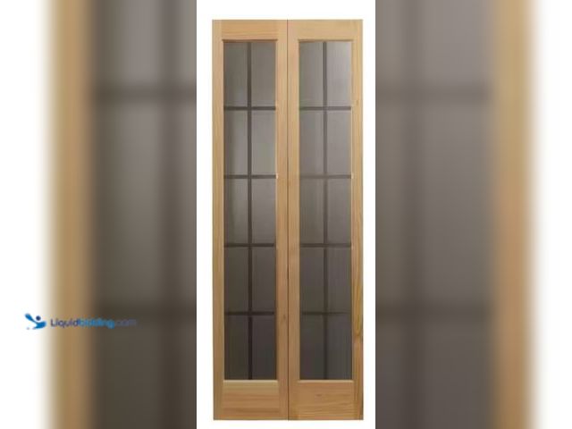 Lot 49-1518295 - Pinecroft 30 in. x 80 in. Mission Unfinished Pine Full-Lite Decorative Glass Solid Core Wood Bi-fold...
