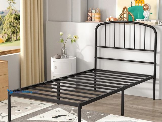 Lot 49-2025464 - Mainstays Crew Twin Metal Platform Bed with Curved Headboard, Black, Model # 14PBCH01, MSRP $79.97, ...