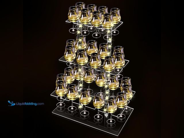 Lot 49-1574991 - Cutora Champagne Tower with Led Light for Party, 3 Tier Clear Champagne Flute Wall Holder with 32 Sl...