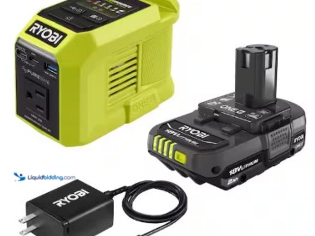 Lot 49-2025043 - RYOBI ONE+ 18V  200-Watt Portable Battery Inverter Power Source and Charger with 2.0Ah Battery, Mode...