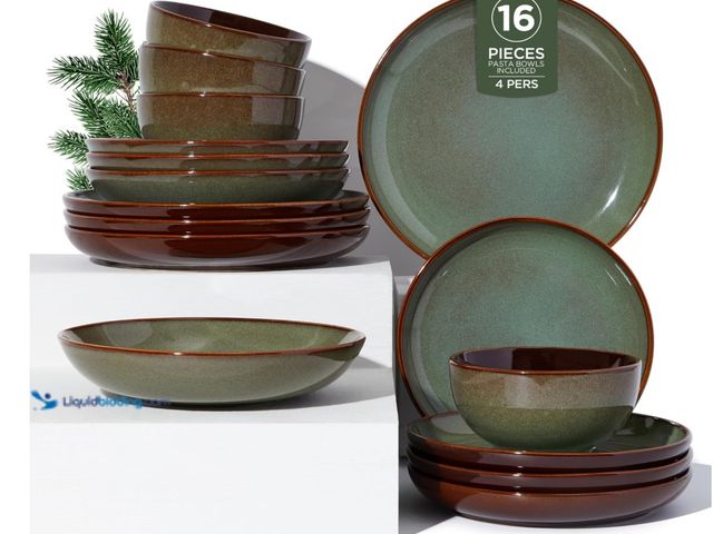 Lot 49-1575678 - 16 Piece Double Bowl Dinnerware Sets with Pasta Bowls, Highly Chip and Crack Resistant Plates and Bo...
