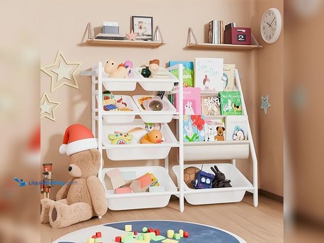 Lot 49-5415555 - Kids Bookshelf and Toy Organizer, 4-Tier Toy Storage with 7 Removable Plastic Bins, Montessori Books...