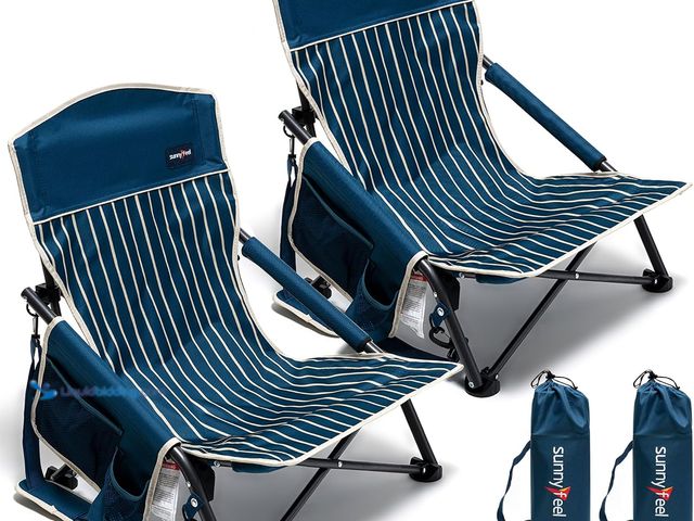 Lot 49-5552518 - SUNNYFEEL Folding Low Camping Beach Chair 2 Pack, Portable Backpacking Chairs with Cup Holder,Carry ...