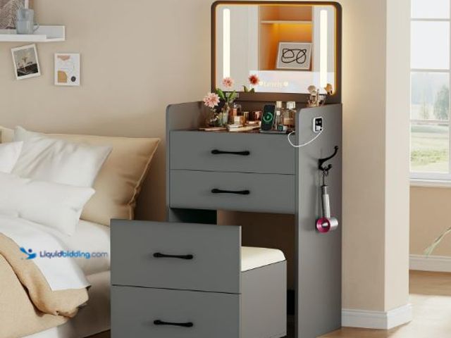 Lot 49-3473750 - Lvifur 3 in 1 Vanity Desk with Flip Top Mirror and Lights, Modern Compact Vanity with 3 Drawers, Gla...