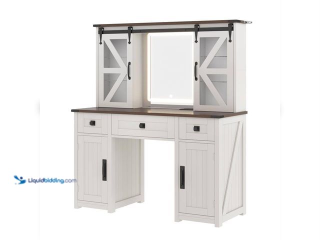 Lot 49-5538589 - 2-Piece Beige Makeup Vanity Set with Light Mirror, Dressing Table with Sliding Barn Door. Model # JJ...