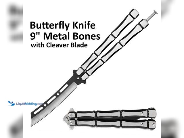 Lot 49-5434381 - Metal Bones Butterfly Knife 9" Black/Silver with Cleaver Blade - NEW - This butterfly knife is const...