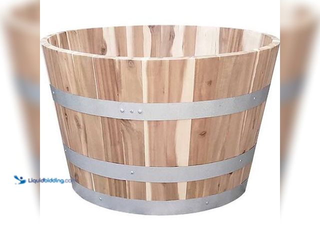 Lot 49-5581963 - 26 in.x 26 x 17 Acacia Wood Barrel Planter Model # JFACAPLNT USED SLIGHTLY. CRACKED.