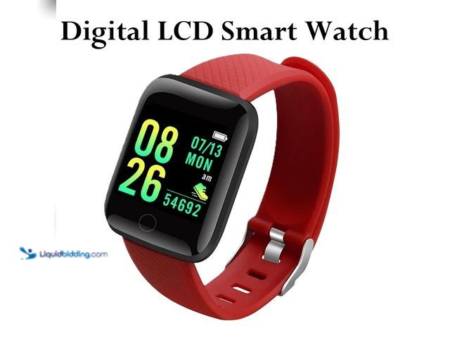 Lot 49-5492851 - Waterproof Smart Watch with Digital LCD Screen Black Case with Red Silicone Band - NEW - Works with ...