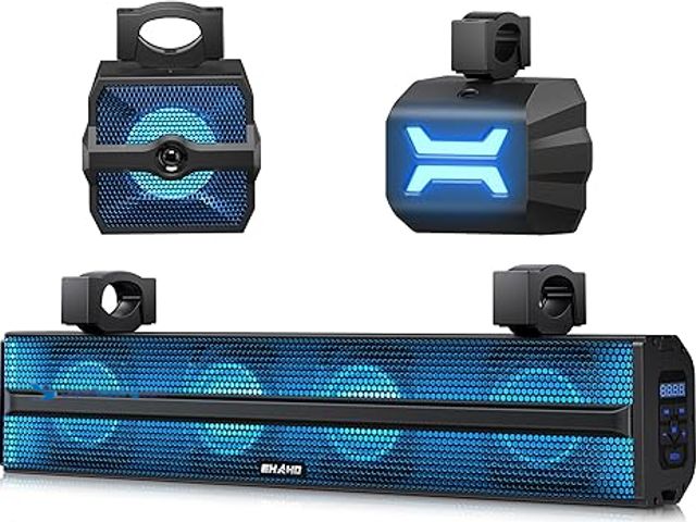 Lot 49-3482763 - Ehaho 2.1CH Stereo UTV Sound Bar (Subwoofer) and Speakers, 26 Inch Bluetooth ATV Soundbar with RGB L...