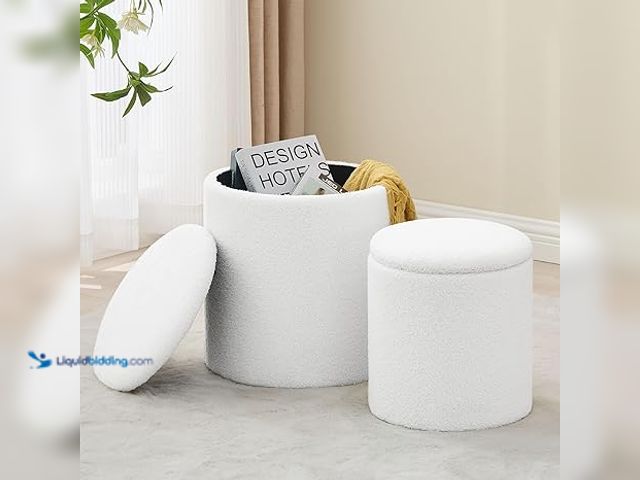 Lot 49-3527631 - Round Set of 2 Ottoman with Storage, Boucle Storage Ottoman Foot Stool, Soft Teddy Upholstered Small...