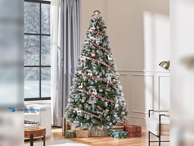 Lot 49-1546872 - Yaheetech 7.5ft Pre-lit Frosted Artificial Hinged Christmas Tree with 1398 Flocked PVC Tips,88 Pine ...