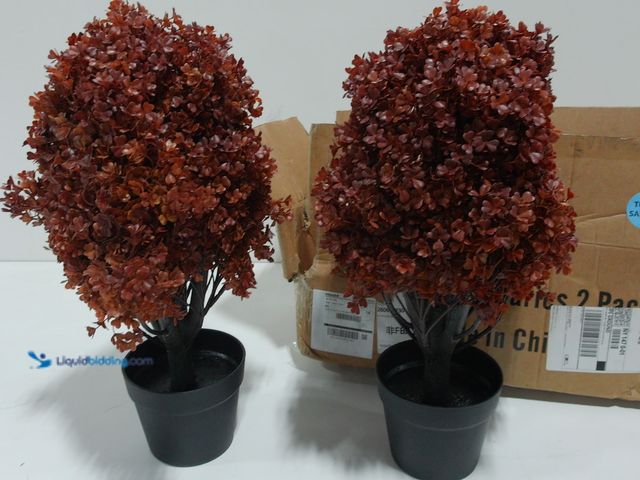 Lot 49-2022948 - (2-Pack) Artificial Topiaries, 22" H, Burgundy with Black Weighted Pots, Unused.   Ref#PA0924