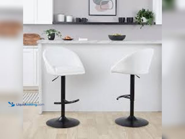 Lot 49-5411756 - LumiSource Matisse Highback 32.5 in. White Faux Leather and Black Metal Adjustable Bar Stool with Ro...