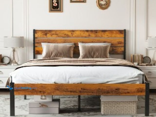 Lot 49-3531243 - EDX Full Size Metal Bed Frame with Industrial Wooden Headboard, Ample Storage, Noise-Free Design, St...