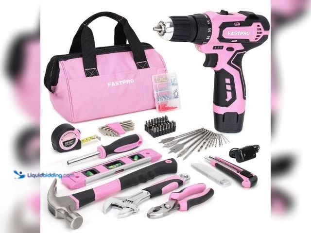 Lot 49-5436590 - FASTPRO 175-Piece 12V Pink Drill Set, Cordless Lithium-ion Driver and Tool Kit, House Repairing Tool...