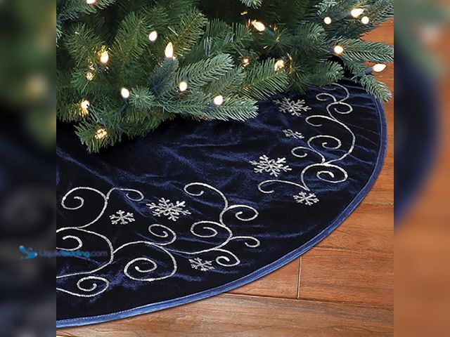 Lot 49-1548122 - New Traditions Velvet Christmas Tree Skirt with Embroidered Sequin Taffeta Piping and Snowflakes (Tr...