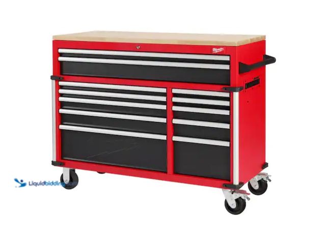 Lot 49-1592199 - Milwaukee Tool Storage 52 in. W x 22 in. D Heavy Duty Red Mobile Workbench Cabinet, Model # 48-22-85...