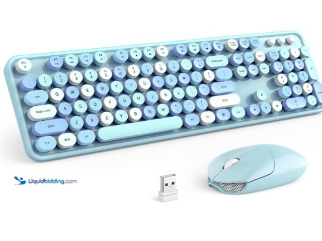 Lot 49-3432153 - Wireless Keyboard and Mouse Combo, Blue Colorful 2.4G Typewriter Full-Size Cute Keyboards - USB Rece...