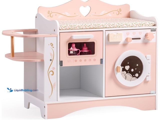 Lot 49-1519287 - ROBOTIME Wooden 6-in-1 Baby Doll Changing Table with Baby Doll Crib, Washing Machine, Bottle Sterili...