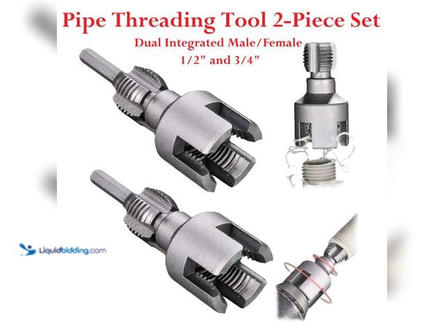 Lot 49-1616487 - Pipe Threading Tool 2-Piece Set Dual Integrated Male/Female 1/2" and 3/4" - NEW - Whether you’re tac...