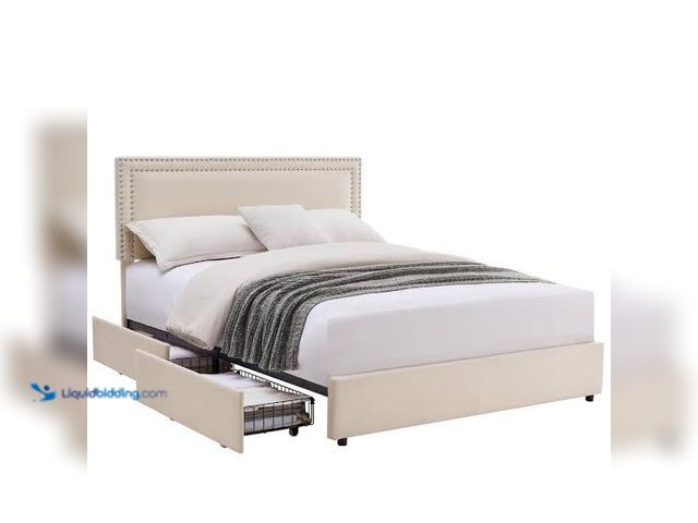 Lot 49-1632042 - Queen Size Beige Upholstered Platform Bed, Unused  Ref#CRS0723