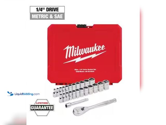 Lot 49-3432563 - Milwaukee 1/4 in. Drive SAE/Metric Ratchet and Socket Mechanics Tool Set (25-Piece), Model # 48-22-9...