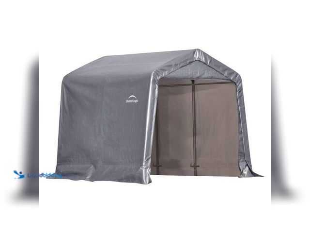 Lot 49-1595106 - Shelter Logic 8 ft. W x 8 ft. D x 8 ft. H Peak-Style Steel Shed-In-A-Box Storage Shed in Grey with P...