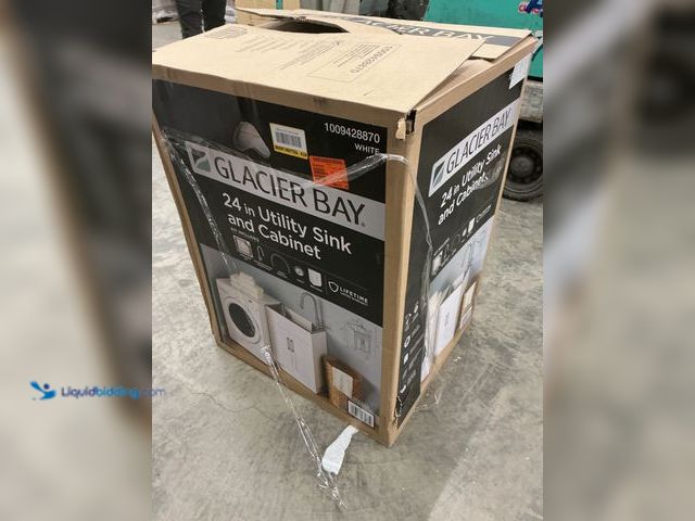 Lot 49-5485461 - Glacier Bay 24 in. Drop-In Stainless Steel Laundry Sink with Assembled Cabinet in White with Faucet....