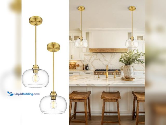 Lot 49-5542656 - AUTELO 2 Pack Gold Pendant Lights, Glass Pendant Lights Kitchen Island with Clear Drum Glass, Indust...