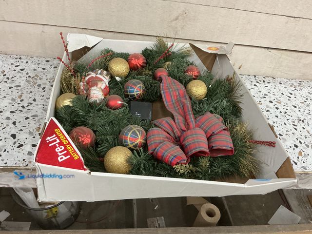 Lot 49-3528891 - 30" Holiday Light up Wreath With Bow, Ornaments, and Santa decorations. Unused