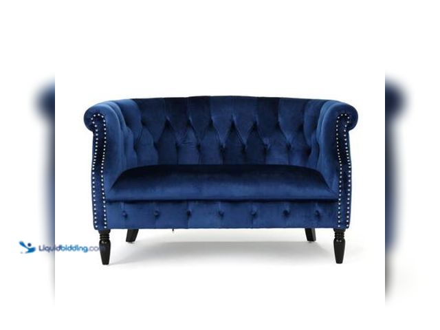 Lot 49-5541931 - Noble House Milani 51.5 in. Navy Blue Tufted Velvet 2-Seater Loveseat with Nailheads. Model # 14026....