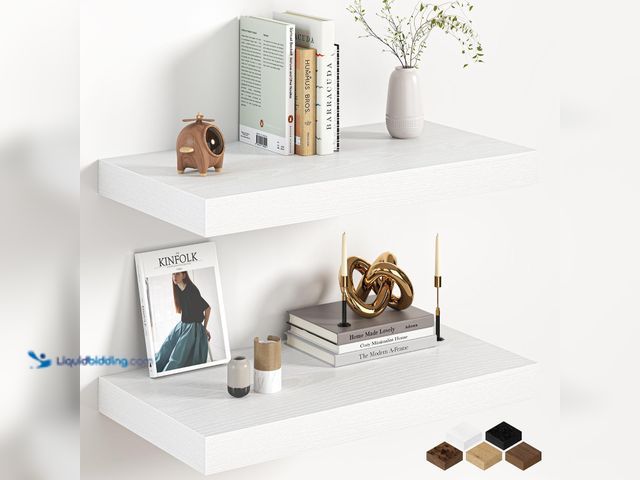 Lot 49-5554325 - 12 Inch Deep White Floating Shelf, 24 x 12 Rustic Wood Wall Shelf for Books, 2" Thick Deep Floating ...