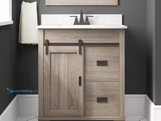Lot 49-1520153 - Glacier Bay Brindley 30 in. Single Sink Freestanding Weathered Gray Bath Vanity with White Engineere...