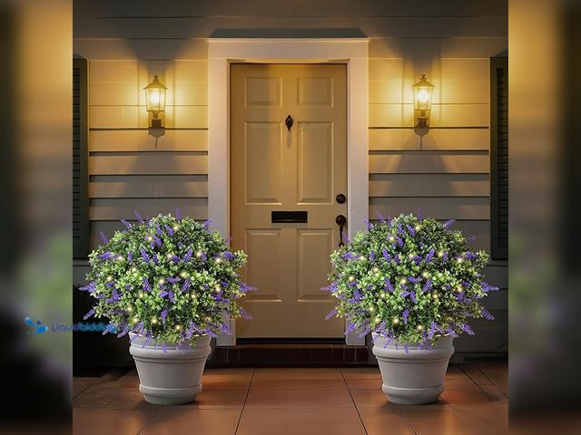 Lot 49-3433517 - Set of (2) Lewondr Artificial Lavender Boxwood Topiary Ball with LED Lights, 23.6'' Artificial Shrub...