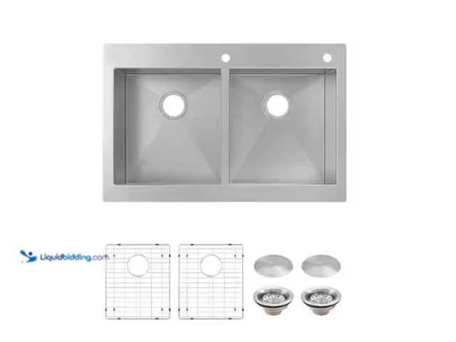 Lot 49-1636777 - Glacier Bay Professional Zero Radius 33 in. Drop-In 50/50 Double Bowl 16 Gauge Stainless Steel Kitch...
