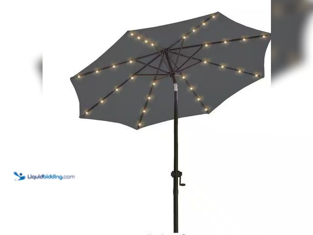 Lot 49-1515986 - PASAMIC 9 ft. Solar LED Lighted Market Patio Umbrella with Crank and Tilt in Dark Grey, Model # PU-Z...