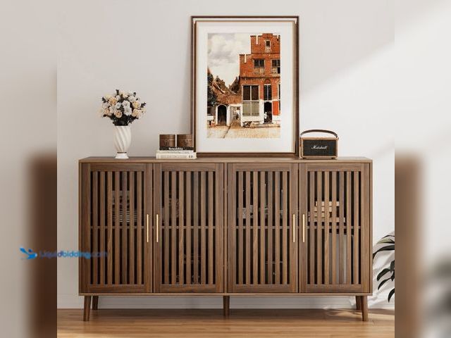 Lot 49-1557121 - Smuxee Modern Farmhouse Buffet Cabinet with Storage, 4-Door Kitchen Sideboard, Walnut, Model # 15251...