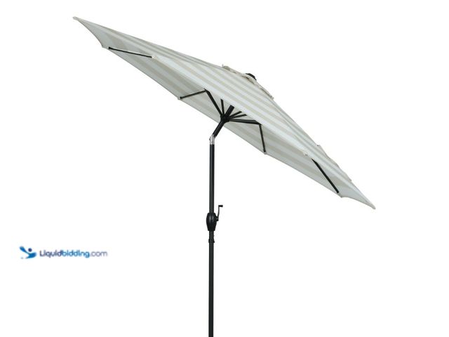 Lot 49-1622973 - Mainstays 9ft Tan Cabana Stripe Market Patio Umbrella, Crank Lift, 3-Angle Tilt, Model # MS570881181...
