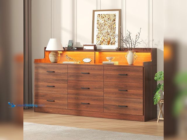 Lot 49-3534475 - 9 Drawer Dresser with Built in Power Outlet and LED Light, Modern Chest of Drawers for Bedroom, Trip...